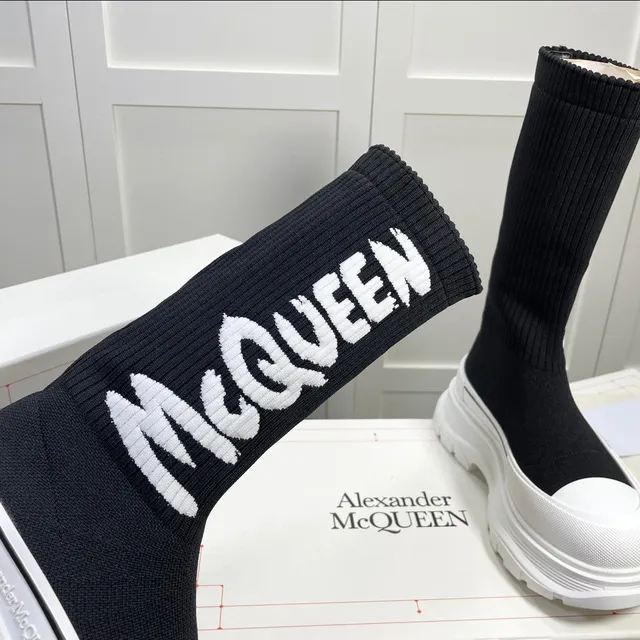 Alexander McQueen Oversized Sneaker Black and White Knit Knee Boots 3
