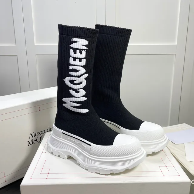 Alexander McQueen Oversized Sneaker Black and White Knit Knee Boots 5