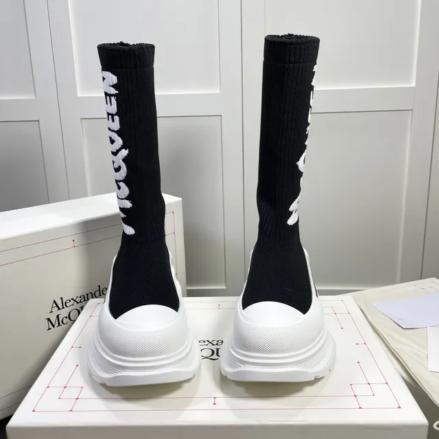 Alexander McQueen Oversized Sneaker Black and White Knit Knee Boots 6
