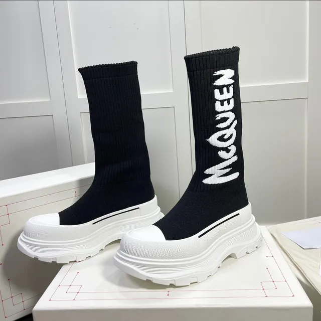 Alexander McQueen Oversized Sneaker Black and White Knit Knee Boots 7