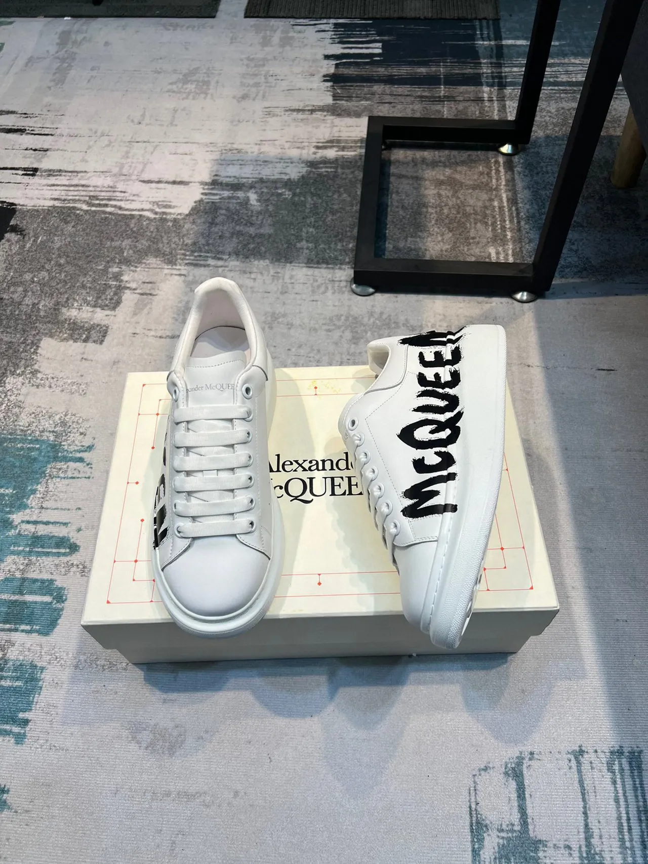Alexander McQueen Oversized Sneaker White Black Leather Graffiti Logo Lifestyle Sneakers 4