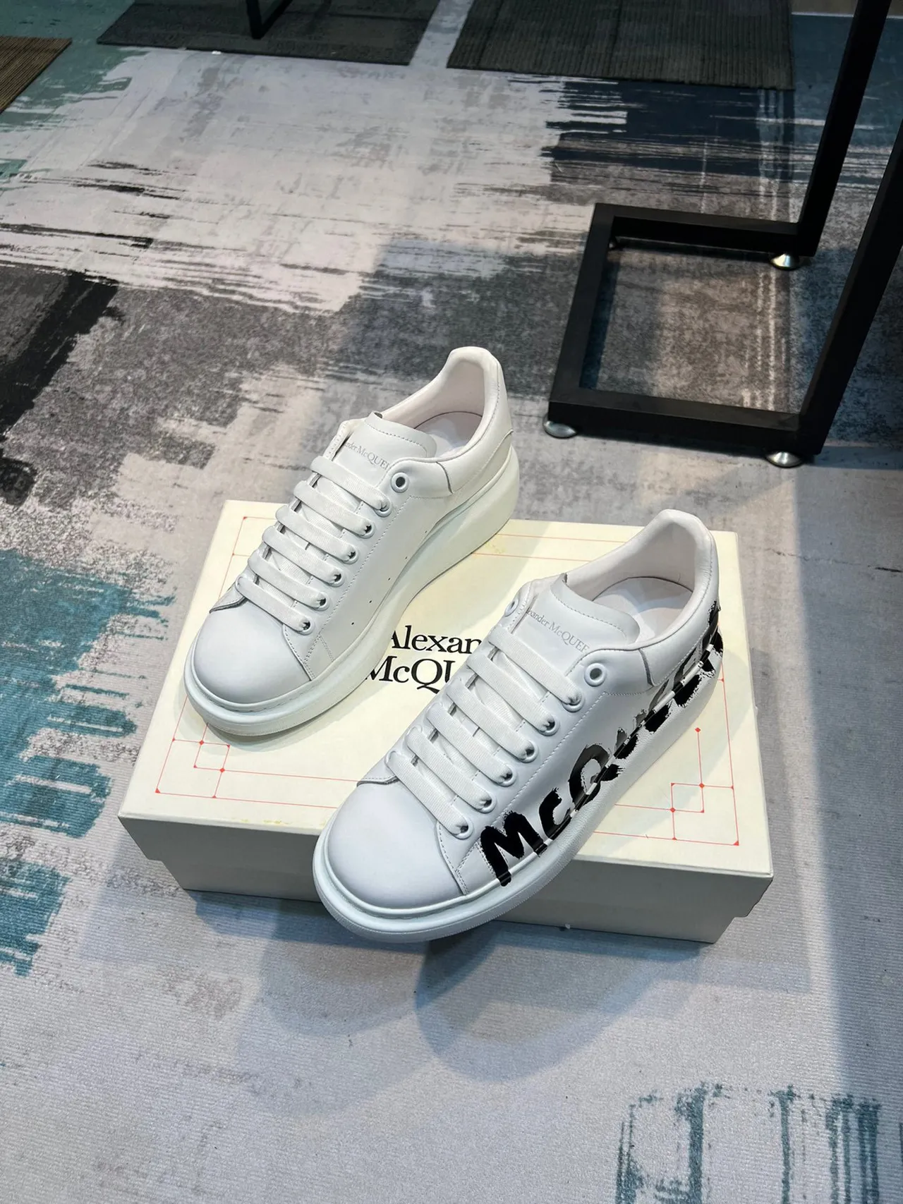 Alexander McQueen Oversized Sneaker White Black Leather Graffiti Logo Lifestyle Sneakers 5