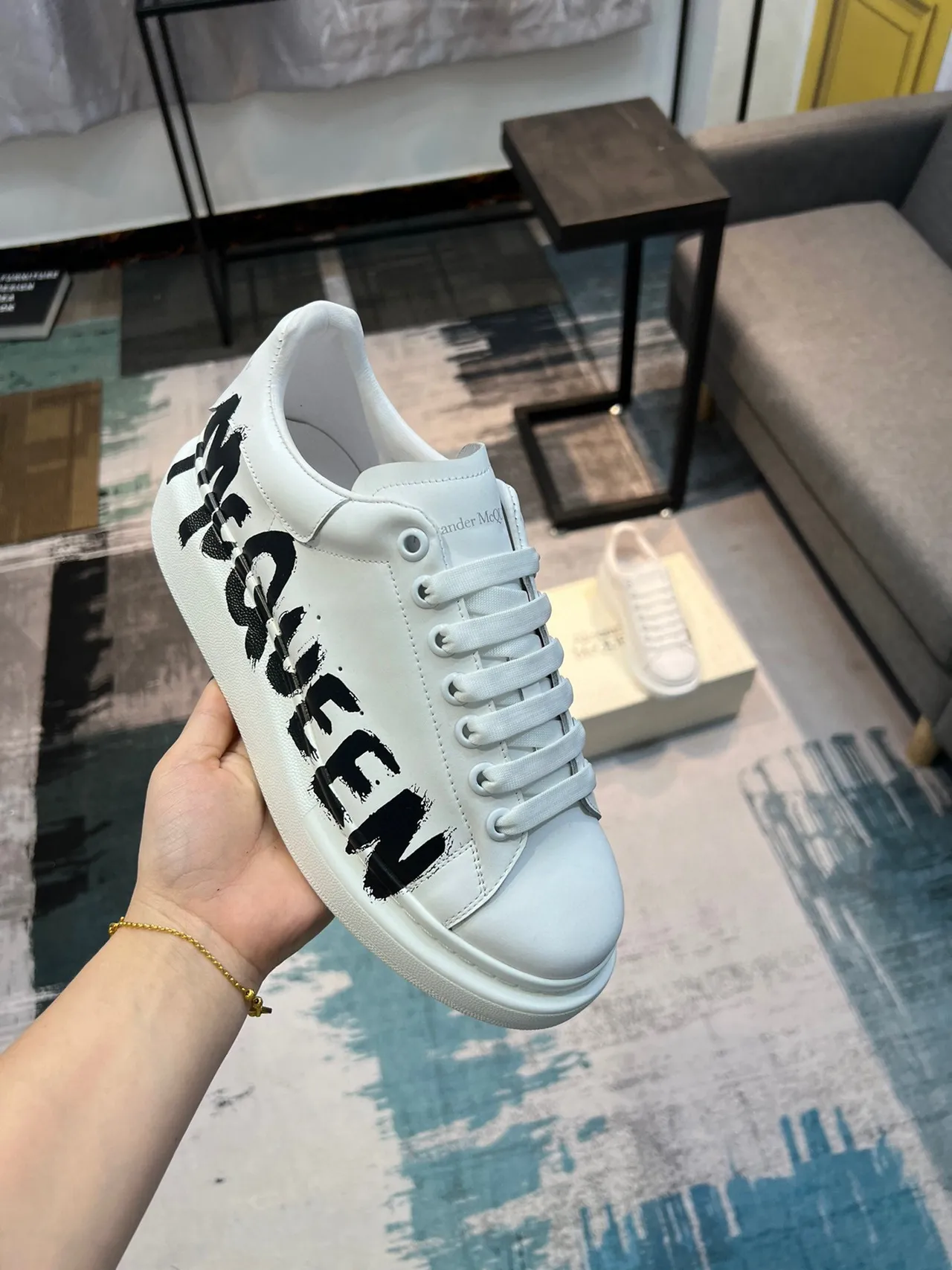 Alexander McQueen Oversized Sneaker White Black Leather Graffiti Logo Lifestyle Sneakers 6