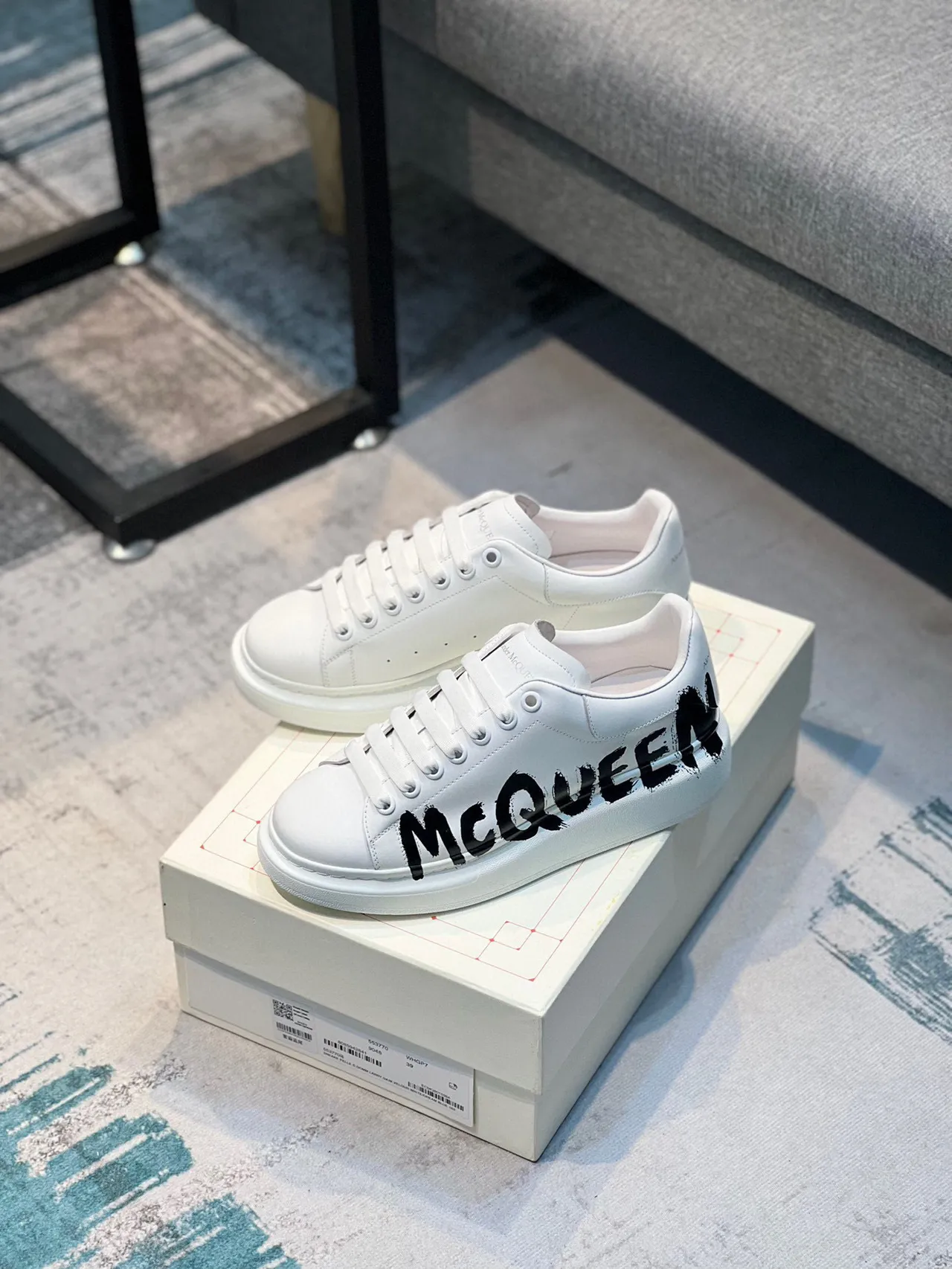 Alexander McQueen Oversized Sneaker White Black Leather Graffiti Logo Lifestyle Sneakers 7