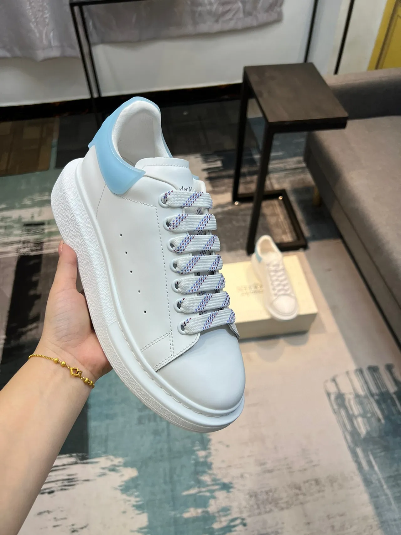 Alexander McQueen Oversized Sneaker White Blue Platform Sole Smooth Leather Upper Lifestyle Sneakers 6