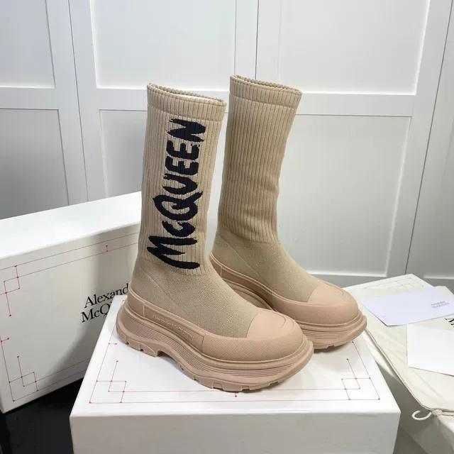 Alexander McQueen Tread Slick Beige Knit Logo Knee Boots 6
