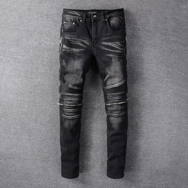 Amiri Motorcycle Black Gray Distressed Denim Paneling Jeans 12