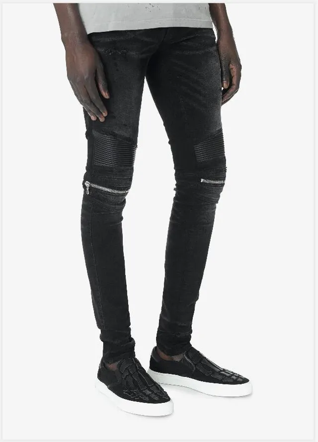 Amiri Motorcycle Black Gray Distressed Denim Paneling Jeans 14