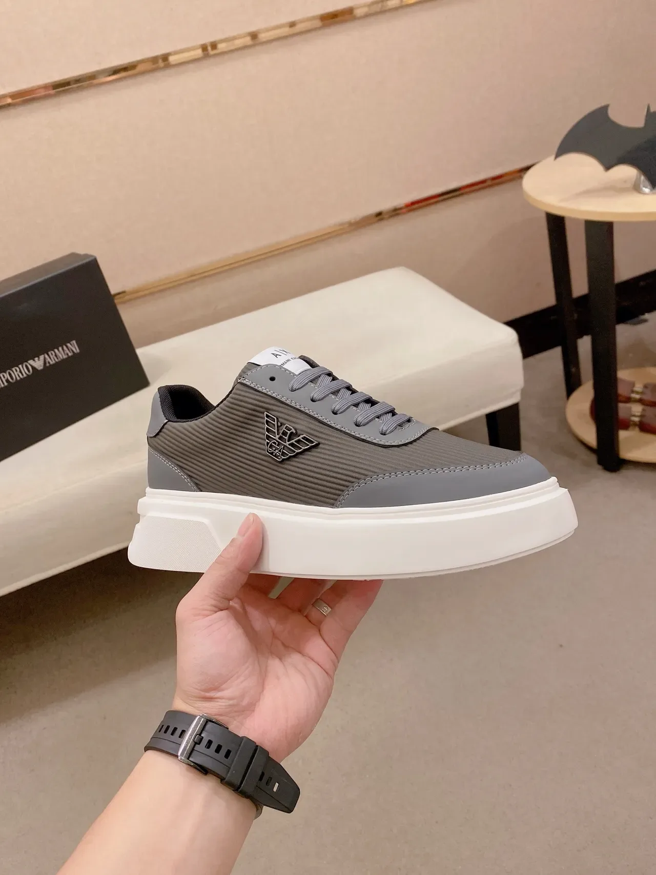 Armani Exchange Gray White Ribbed Textile Upper Embroidered Eagle Logo Lifestyle Sneakers 5