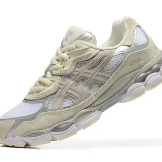 ASICS 米色银色 分层笼叠加 网面-麂皮混合鞋面 生活运动鞋