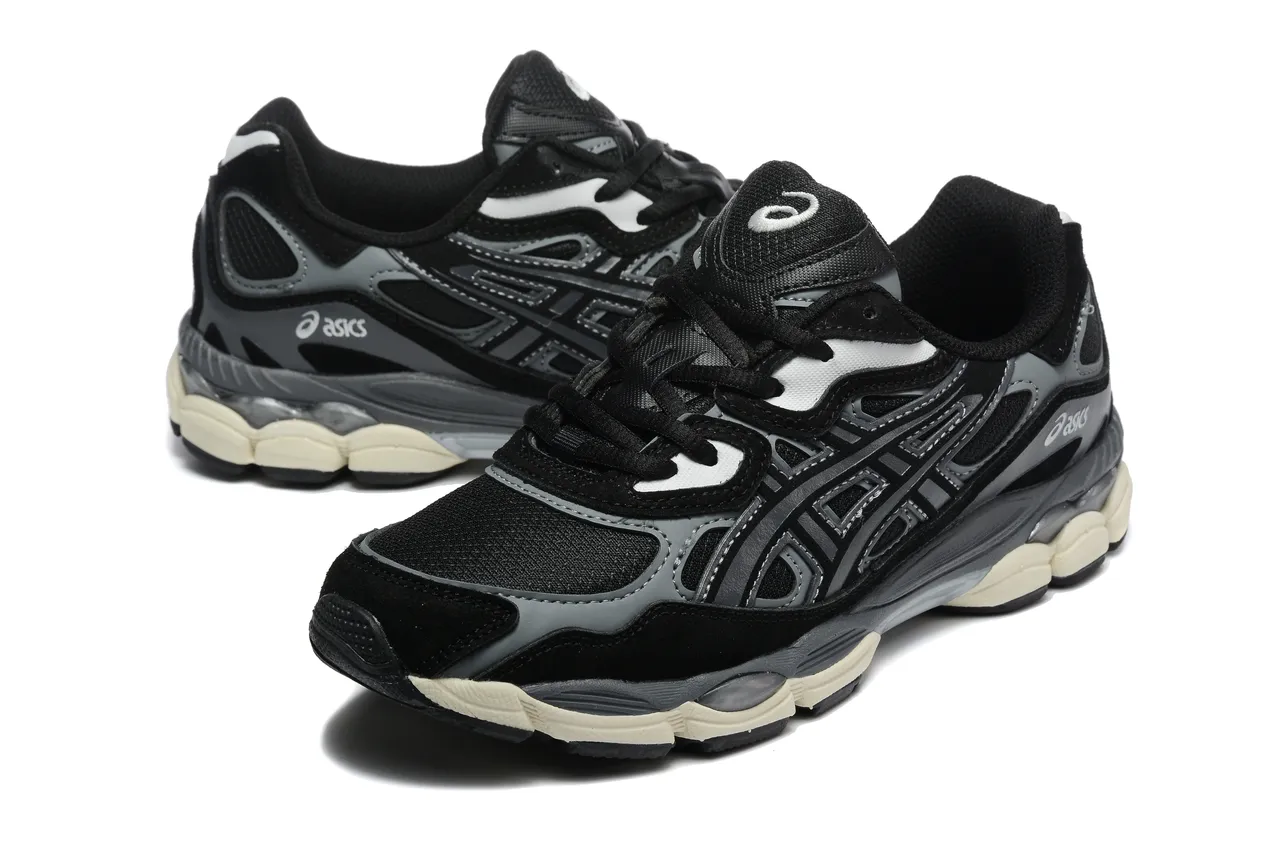 ASICS Negro Gris En capas Sintético Jaula Detalle Geométrico Corte Detallado Zapatillas de correr 3
