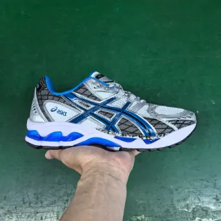 ASICS Gel-Kayano أبيض أزرق علوية شبكية وصناعية وسادة مرئية أحذية جري