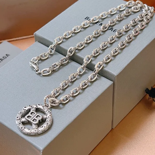 Balenciaga BB Filigree Pendant Silver Chain Necklace 3