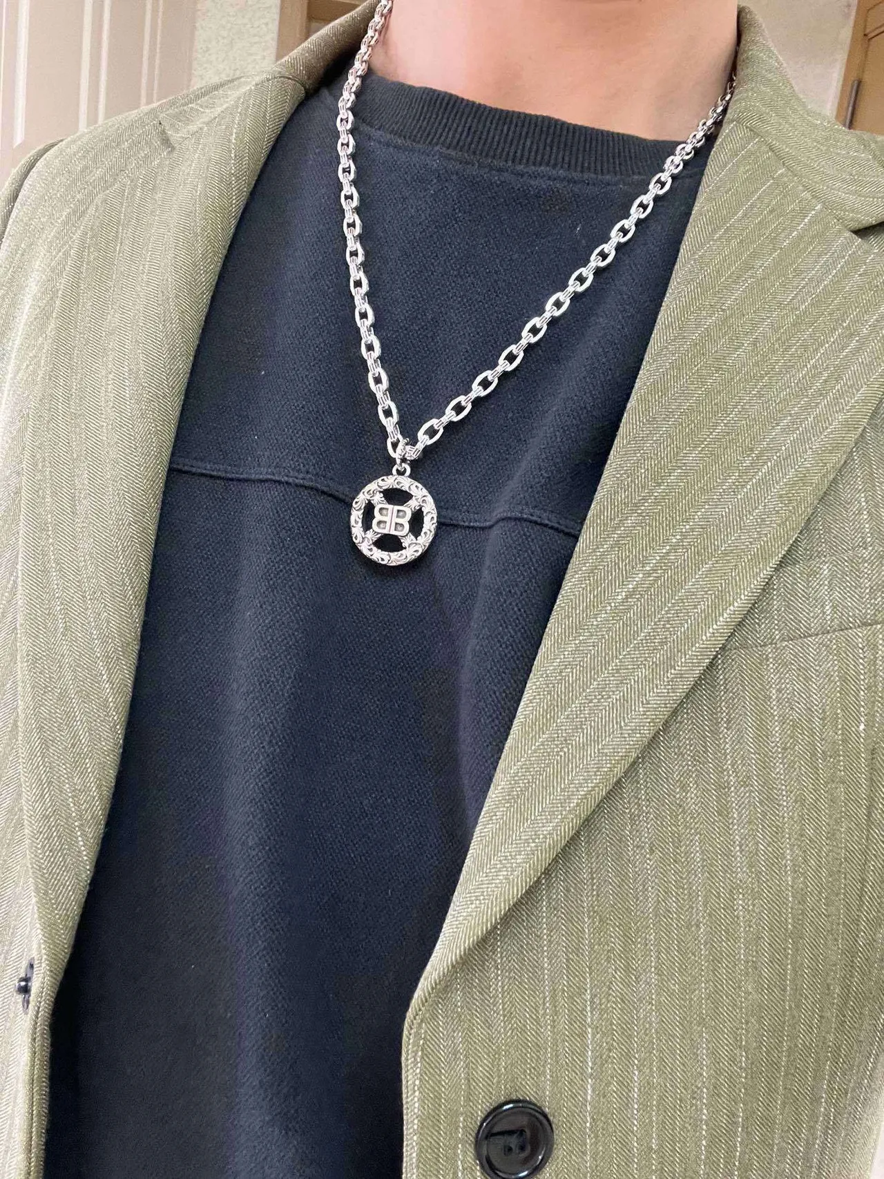 Balenciaga BB Filigree Pendant Silver Chain Necklace 8