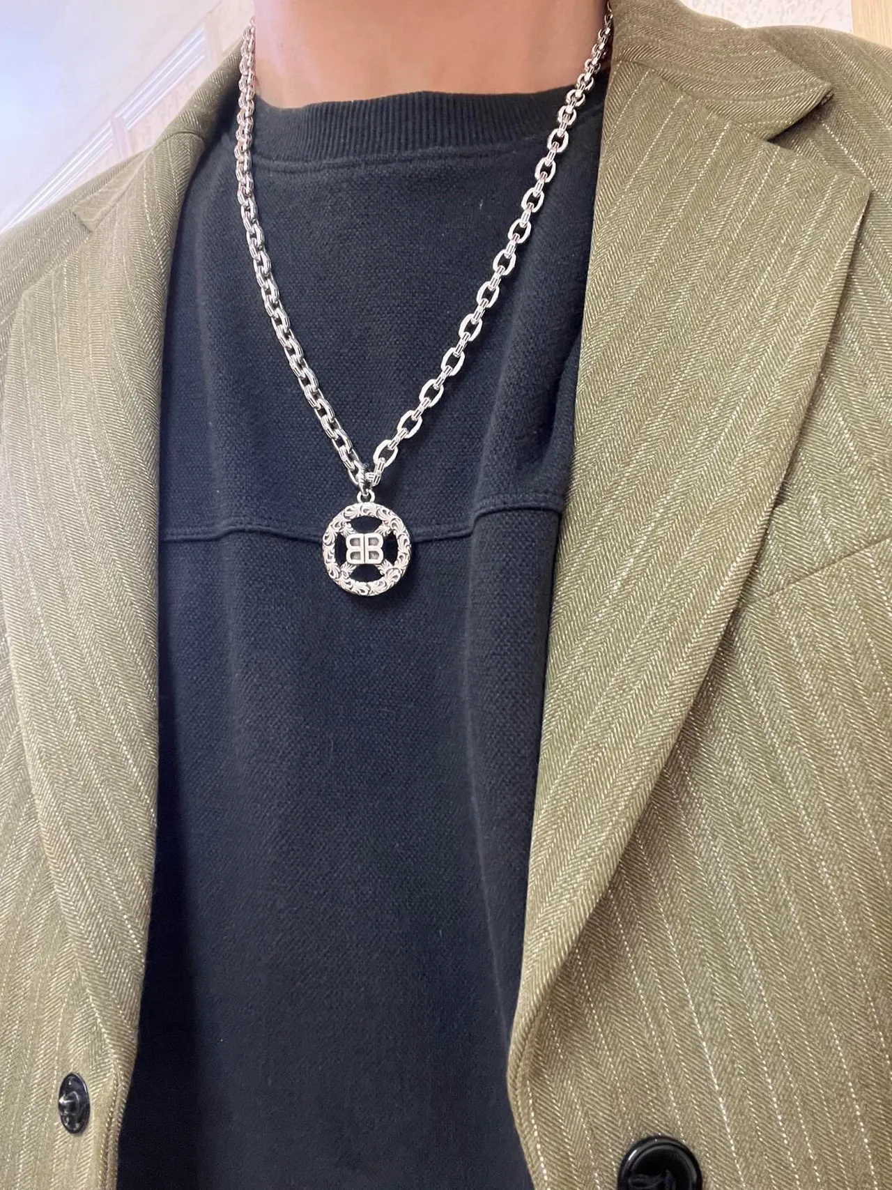Balenciaga BB Filigree Pendant Silver Chain Necklace 9