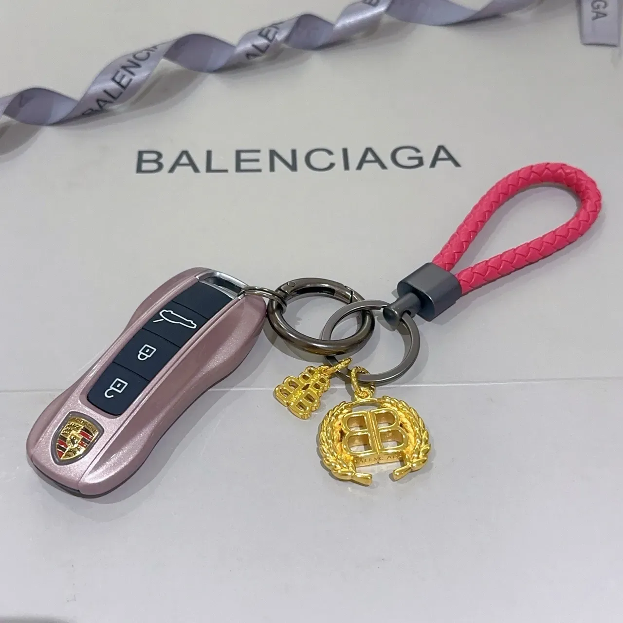Balenciaga BB Dourado Rosa Cinta Trançada Charm Laurel Duplo B Bracelete 6