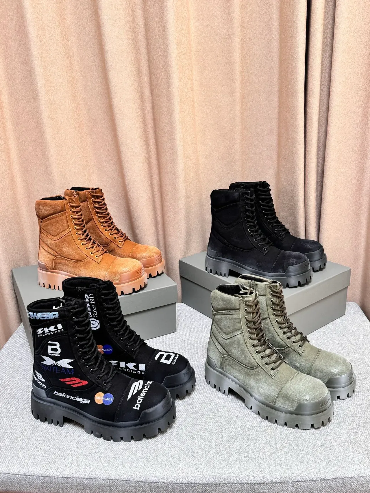 Balenciaga Brown Black Suede-Canvas Hybrid Upper Side Zipper Closure Work Boots 2