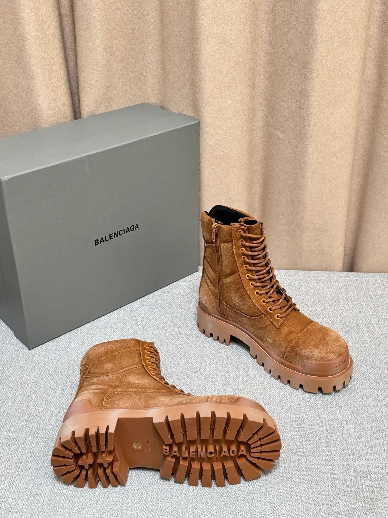 Balenciaga Brown Black Suede-Canvas Hybrid Upper Side Zipper Closure Work Boots 3