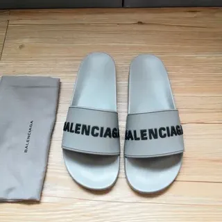 Balenciaga Slide Gris Noir Courroie Unique Large Logotype Audacieux Pantoufles
