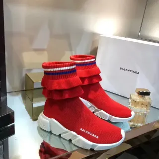 Balenciaga Speed Trainer Red Ruffled Knit Lifestyle Sneakers