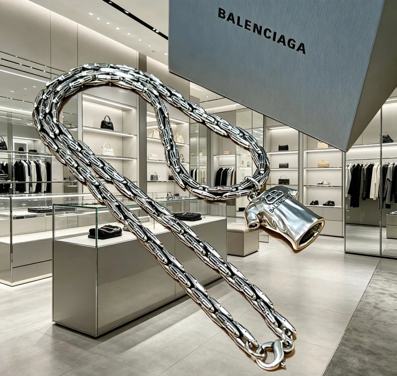 Balenciaga T-Shirt Necklace Silver Chunky Link Chain Pendant Necklace 8
