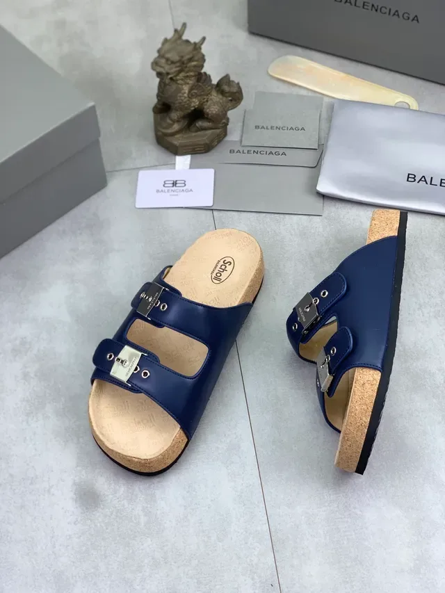 Balenciaga x Scholl Pantufas Azul Marinho com Dupla Tira e Sola de Cortiça 5