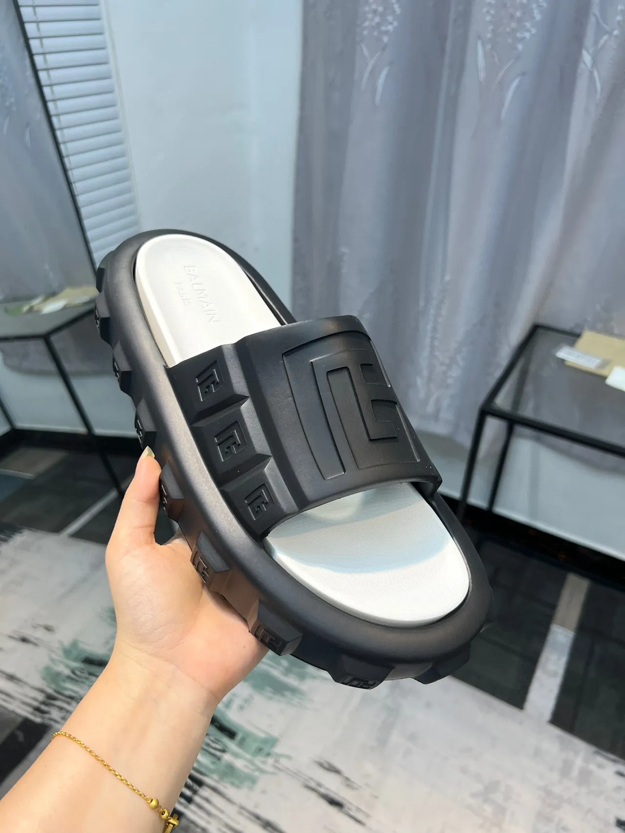 Balmain B-Bold Black and White Molded Logo Slippers 6