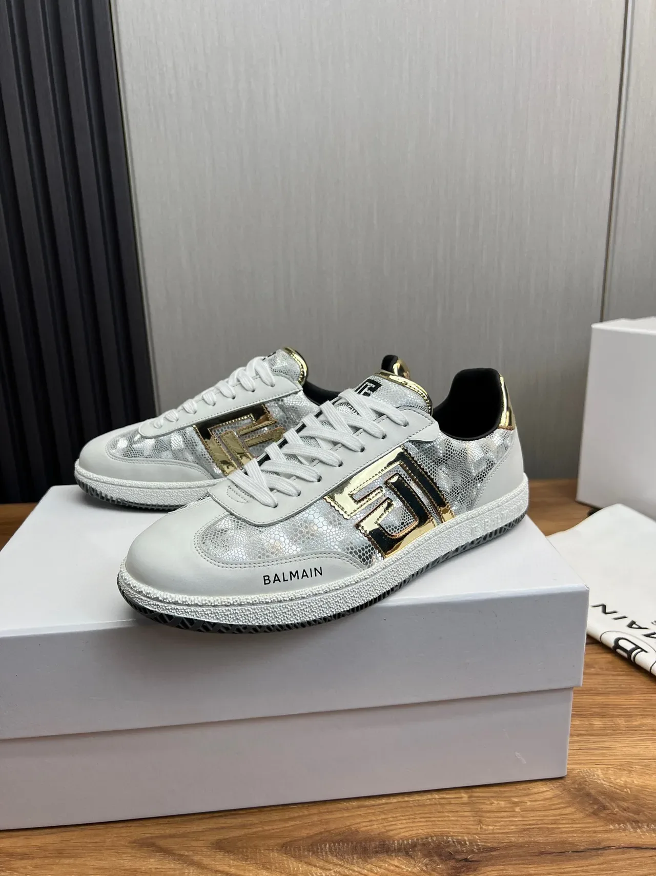 Balmain B-Court White Silver Gold Metallic Lifestyle Sneakers 2