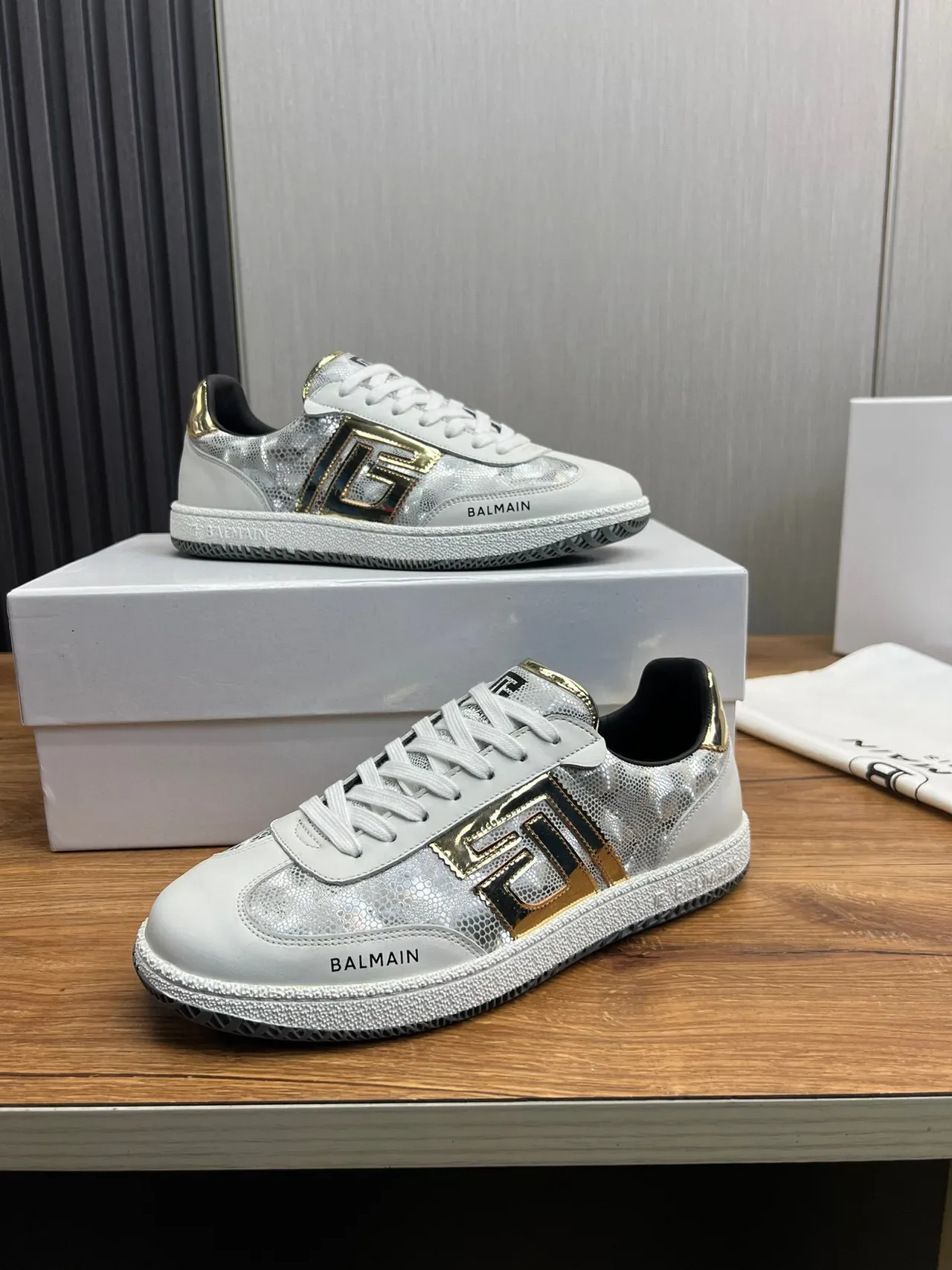 Balmain B-Court White Silver Gold Metallic Lifestyle Sneakers 3