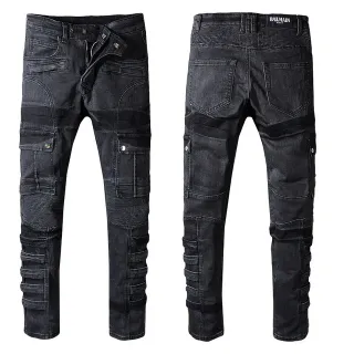Balmain Black Cargo-Pocket Ribbed-Knit Paneling Jeans