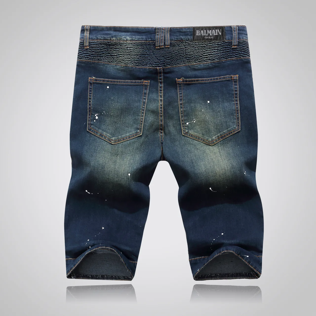 Balmain Distressed Indigo Paint-Splatter Denim Shorts 15