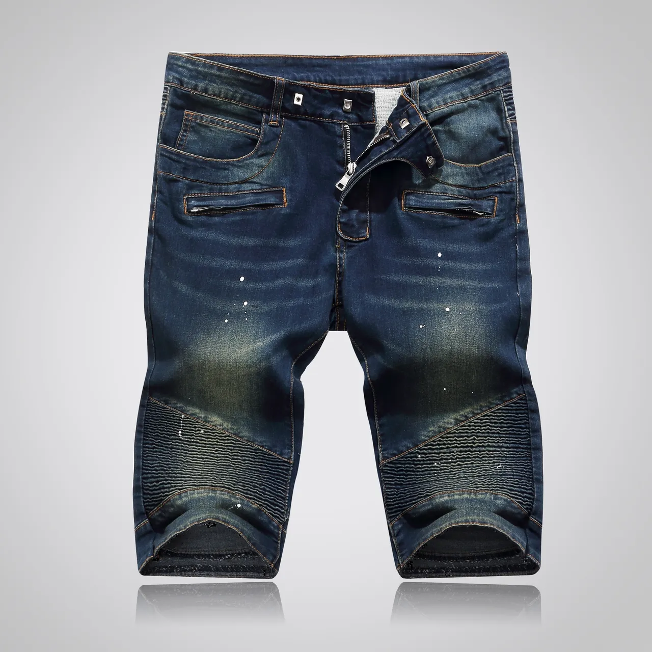 Balmain Distressed Indigo Paint-Splatter Denim Shorts 16