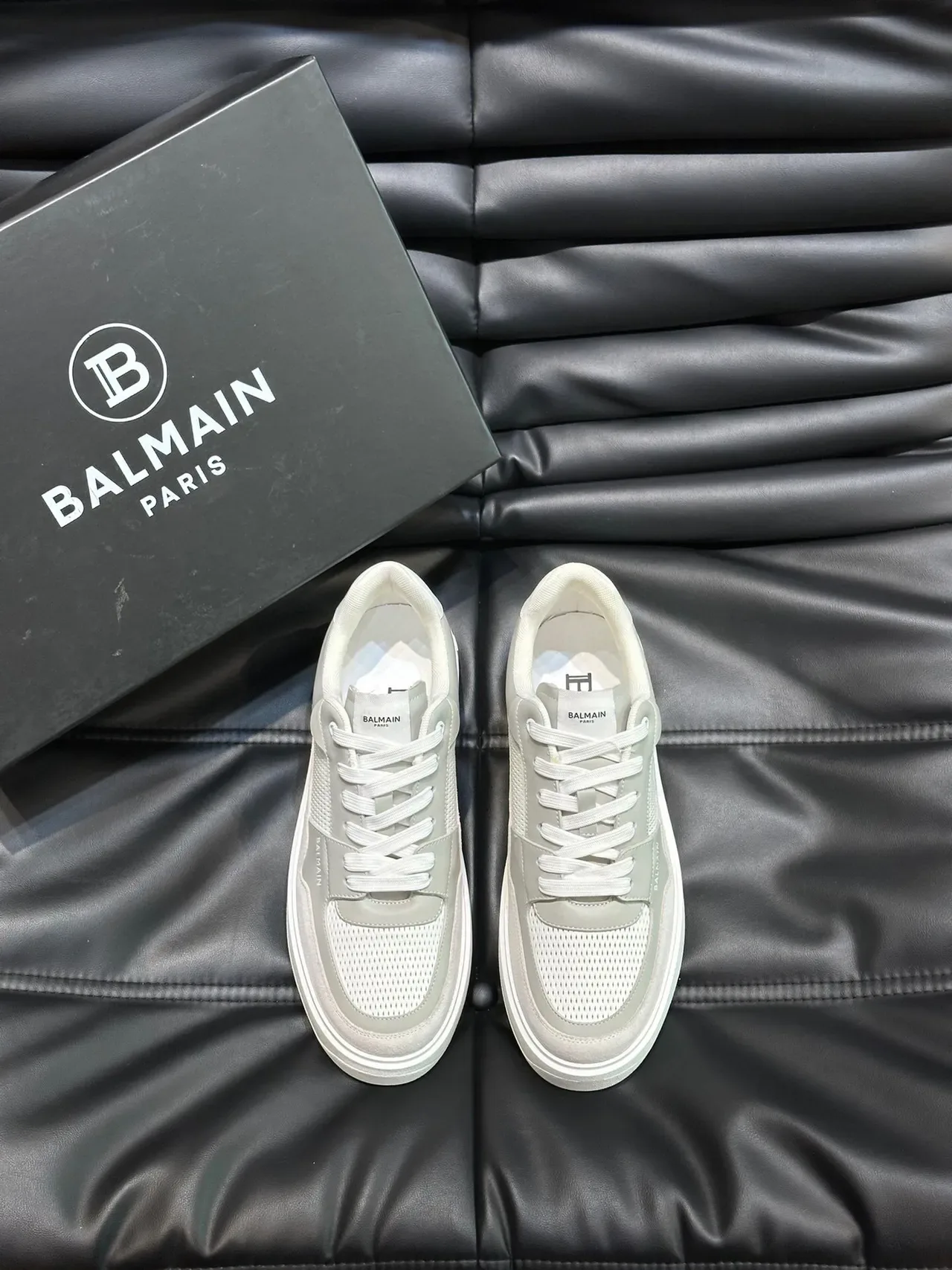 Balmain Gris Blanco Capas Cuero Y Malla Superior Tacón Plataforma Esculpido Calzado Lifestyle 2