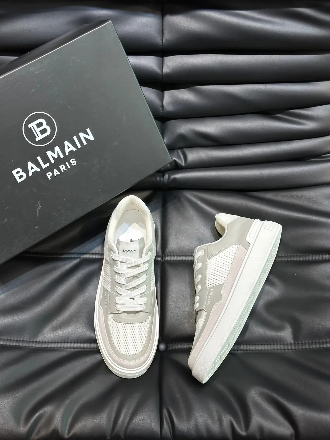 Balmain Gris Blanco Capas Cuero Y Malla Superior Tacón Plataforma Esculpido Calzado Lifestyle 3