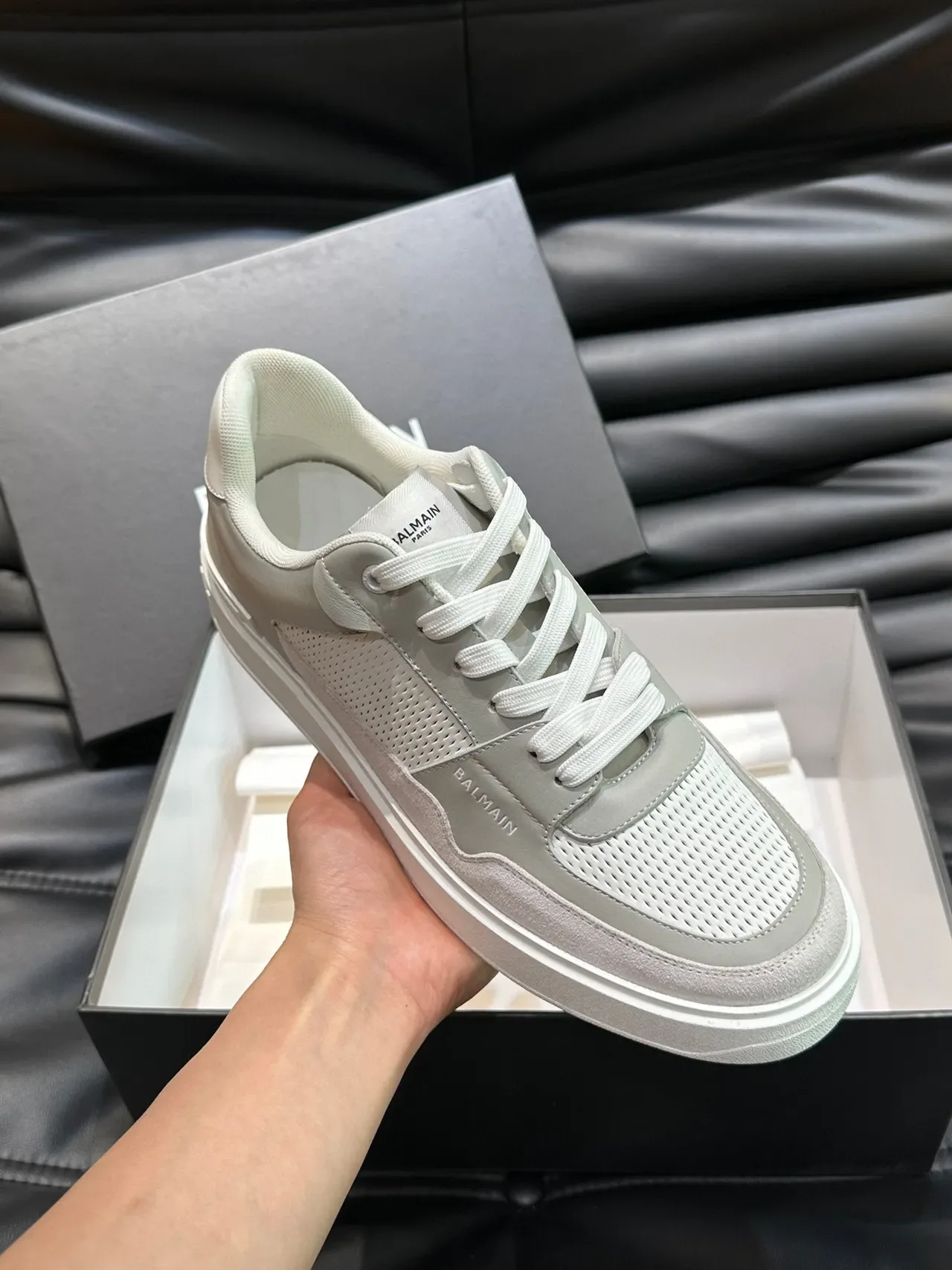Balmain Gris Blanco Capas Cuero Y Malla Superior Tacón Plataforma Esculpido Calzado Lifestyle 5