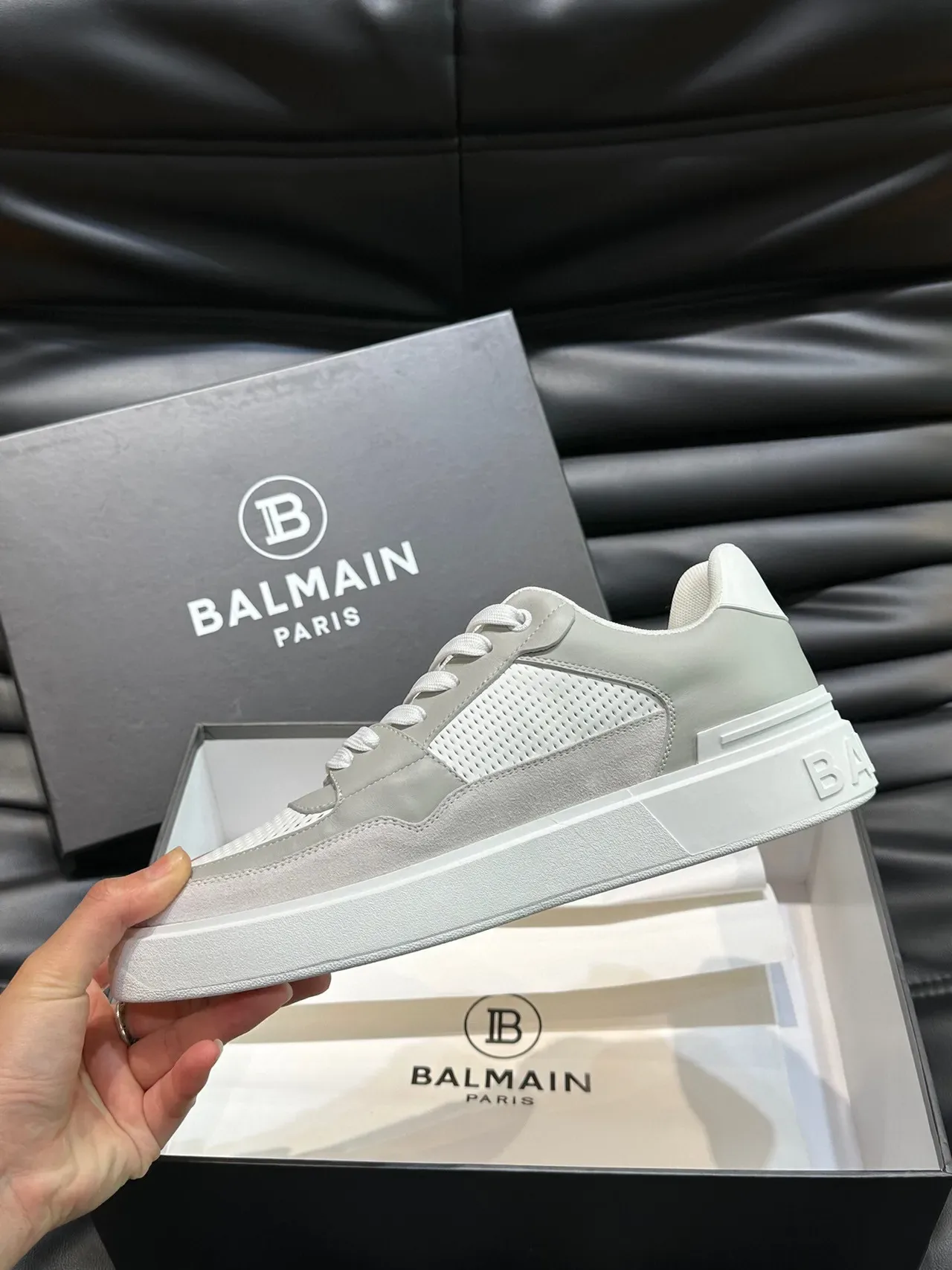 Balmain Gris Blanco Capas Cuero Y Malla Superior Tacón Plataforma Esculpido Calzado Lifestyle 6