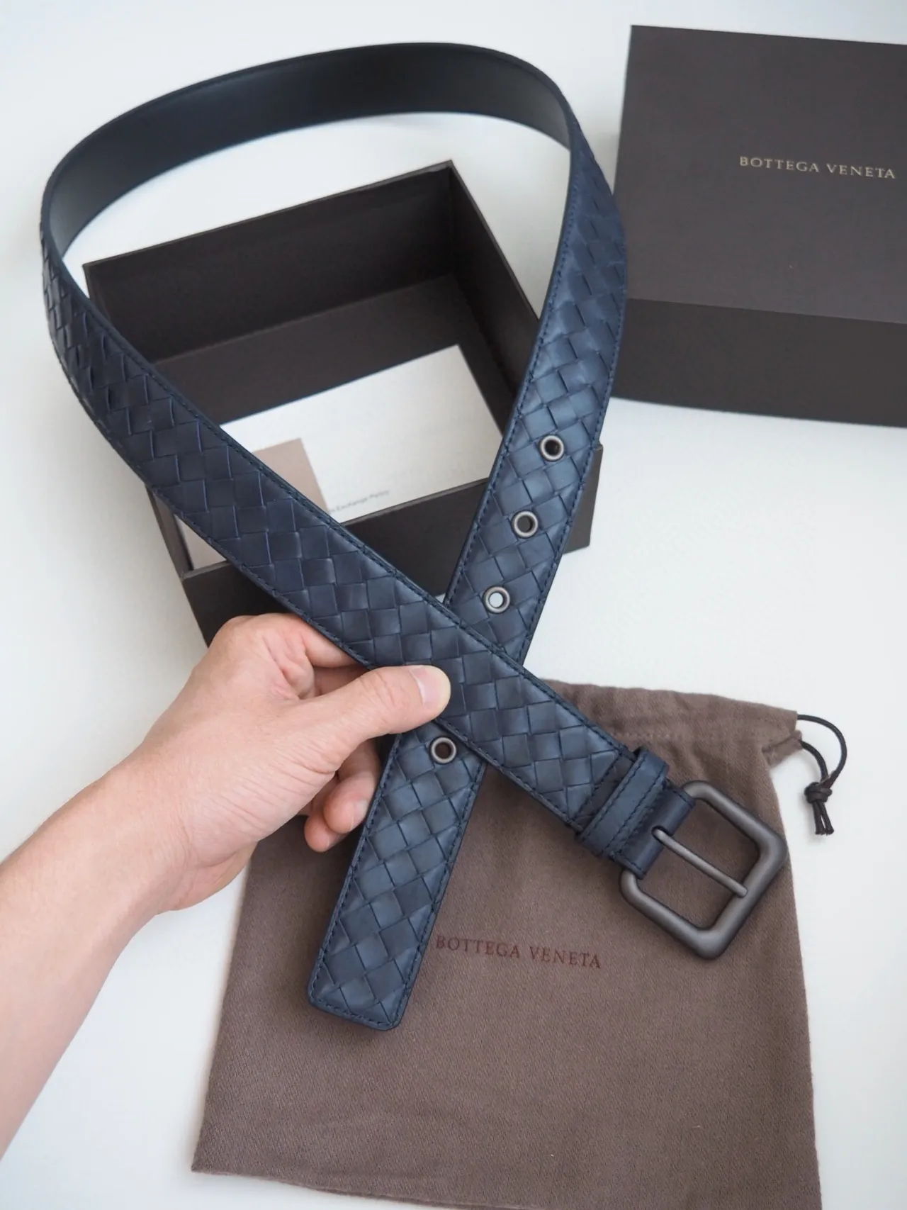 Bottega Veneta Intrecciato 海军灰 编织 哑光 刷金属 扣 皮带 7