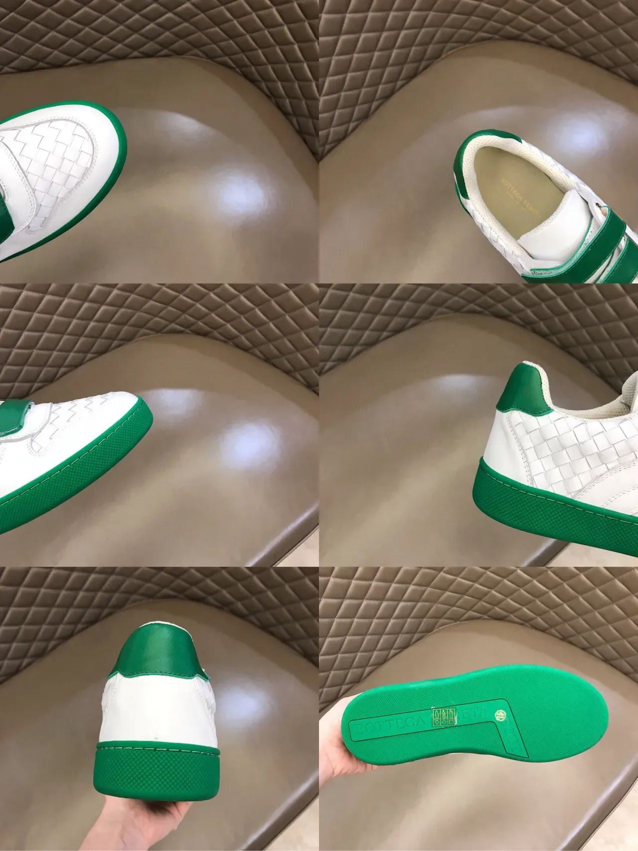 Bottega Veneta tênis brancos verdes couro trançado superior fechamento velcro triplo lifestyle 3