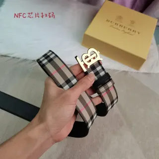Burberry Beige Black House Check Woven Fabric Gold-Tone TB Monogram Buckle Leather Belt