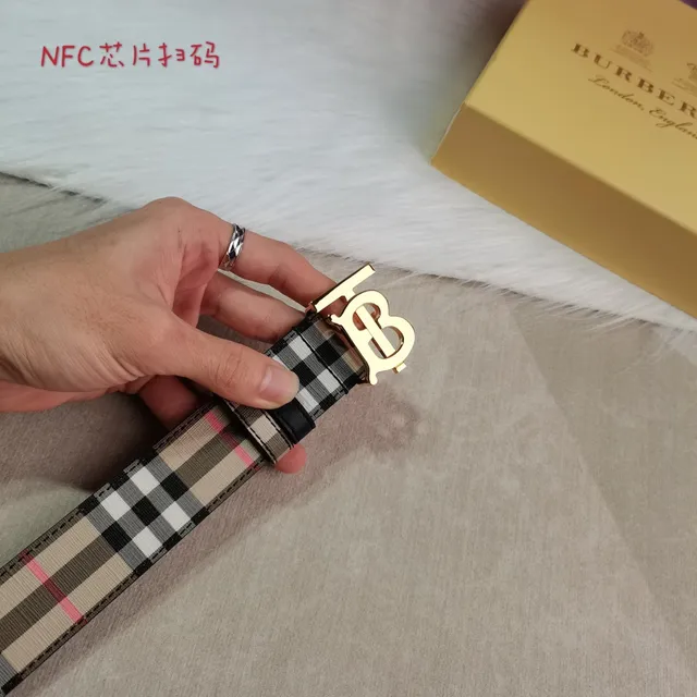 Burberry Beige Black House Check Woven Fabric Gold-Tone TB Monogram Buckle Leather Belt 2