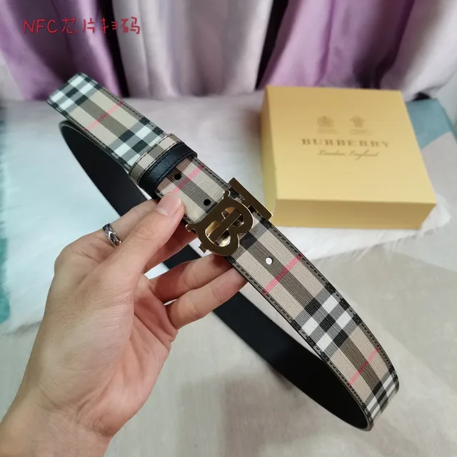 Burberry Beige Black House Check Woven Fabric Gold-Tone TB Monogram Buckle Leather Belt 3