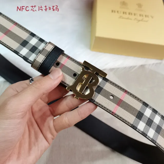 Burberry Beige Black House Check Woven Fabric Gold-Tone TB Monogram Buckle Leather Belt 4