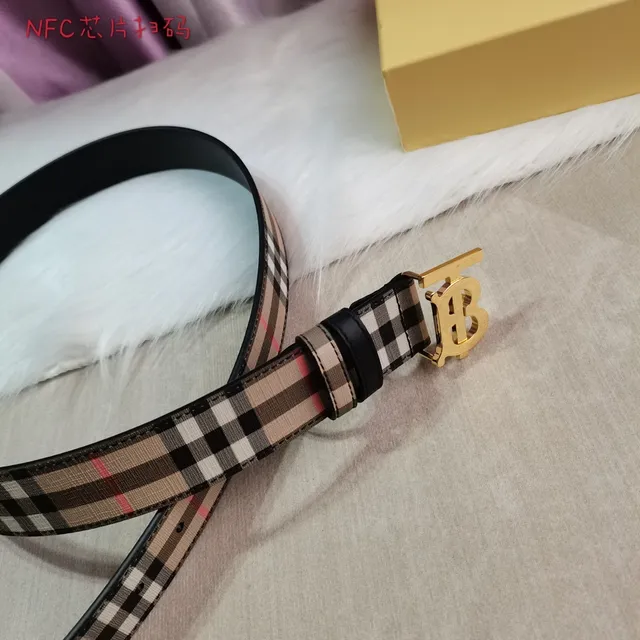Burberry Beige Black House Check Woven Fabric Gold-Tone TB Monogram Buckle Leather Belt 5