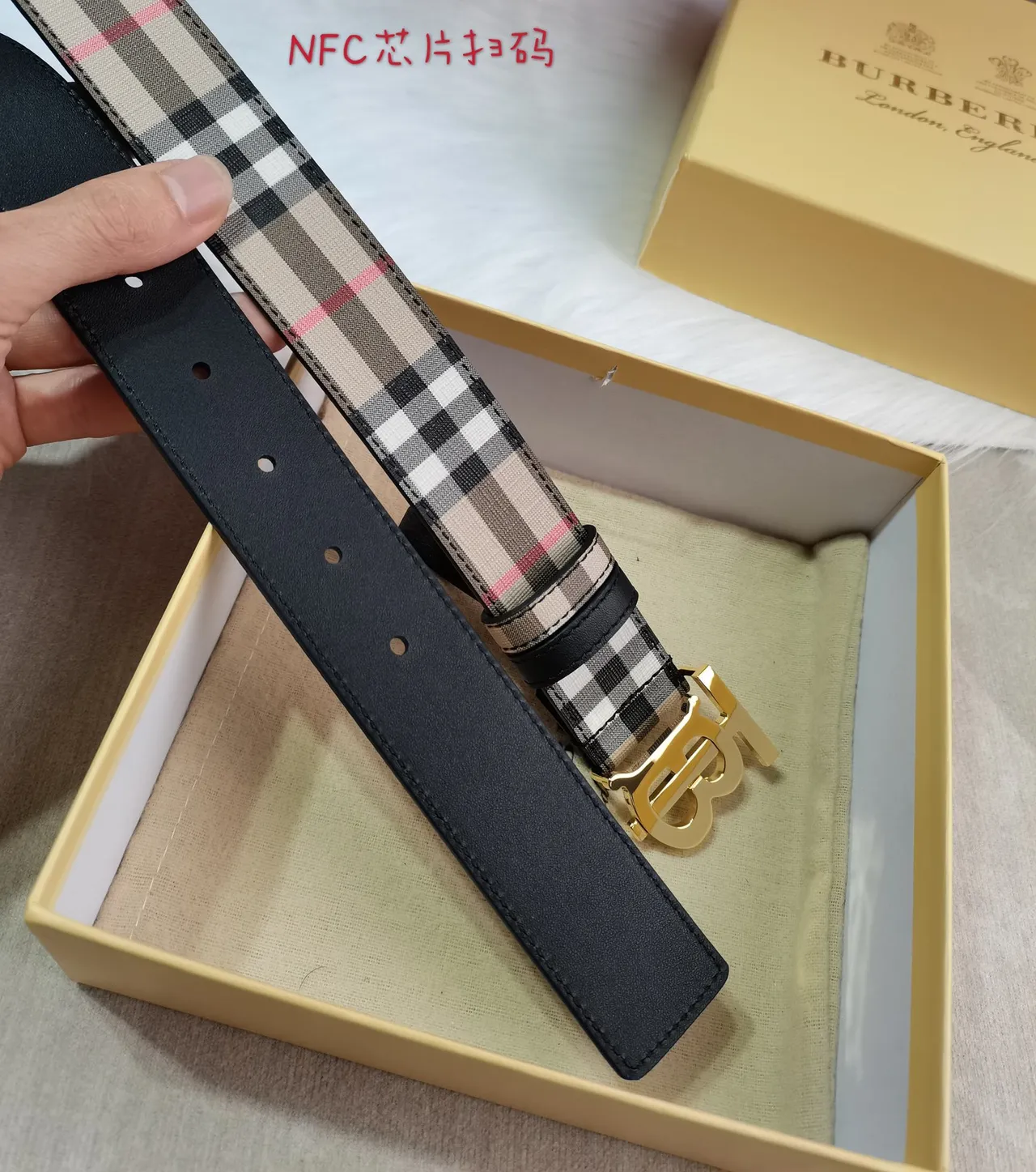 Burberry Beige Black House Check Woven Fabric Gold-Tone TB Monogram Buckle Leather Belt 6