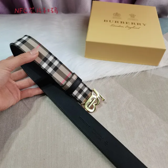 Burberry Beige Black House Check Woven Fabric Gold-Tone TB Monogram Buckle Leather Belt 7