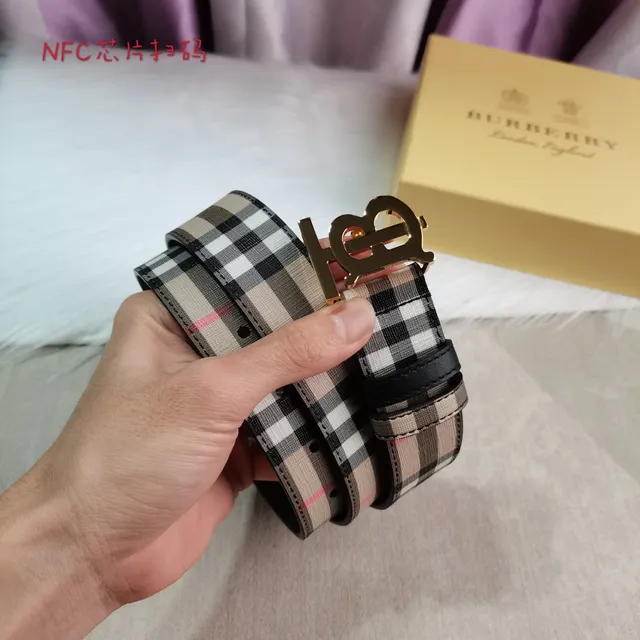 Burberry Beige Black House Check Woven Fabric Gold-Tone TB Monogram Buckle Leather Belt 8