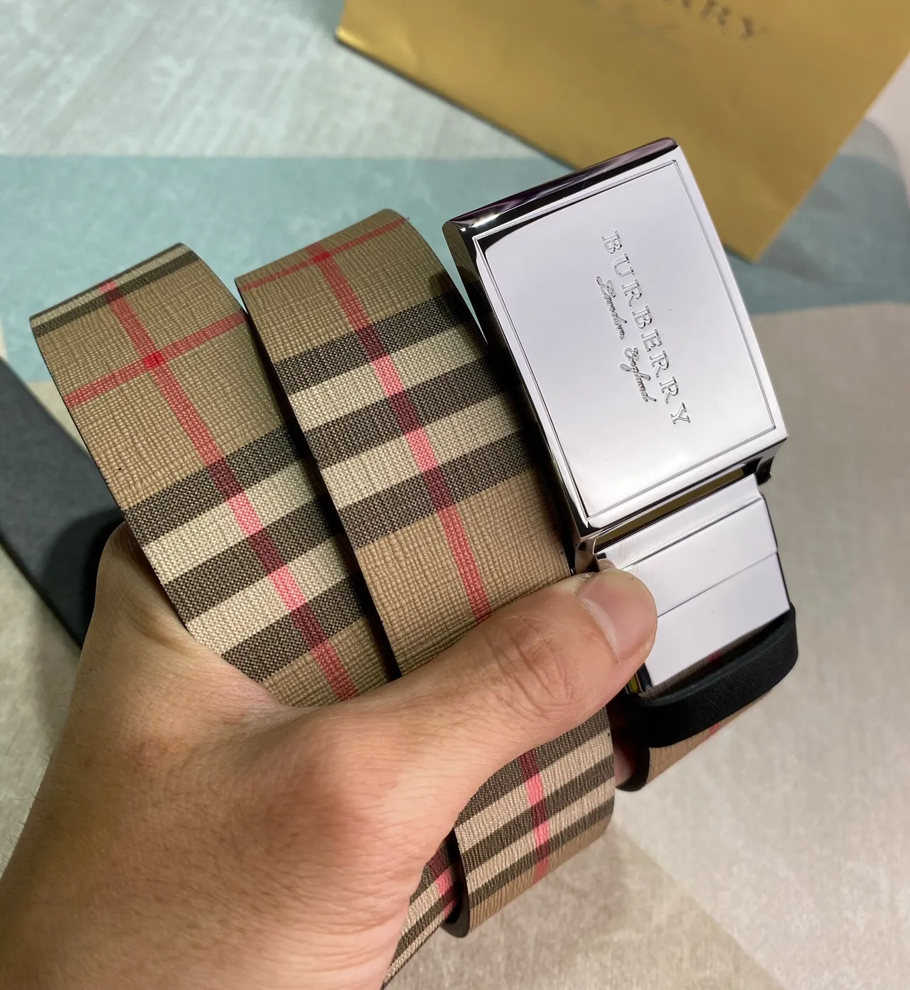 Burberry বেইজ বাদামি হাউস চেক চকচকে আয়তাকার বকল ক্যানভাস বেল্ট 7