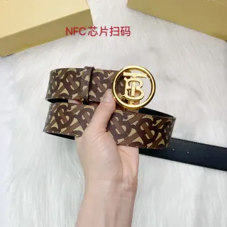 Burberry Brown Beige Monogram-Print Strap Circular Gold TB Buckle Leather Belt