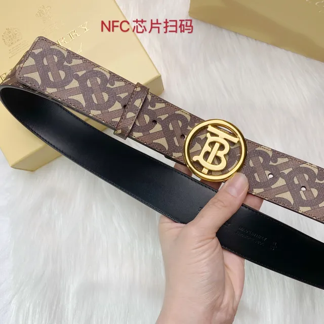 Burberry বাদামি বেইজ Monogram-প্রিন্ট স্ট্র্যাপ বৃত্তাকার গোল্ড TB বাকল চামড়ার বেল্ট 3
