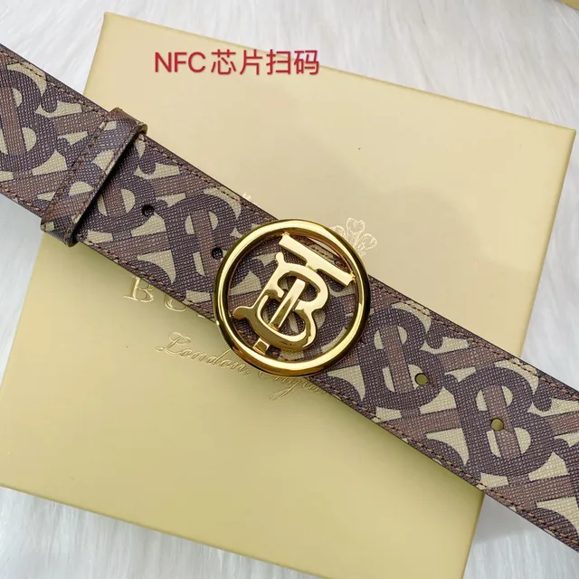Burberry বাদামি বেইজ Monogram-প্রিন্ট স্ট্র্যাপ বৃত্তাকার গোল্ড TB বাকল চামড়ার বেল্ট 4